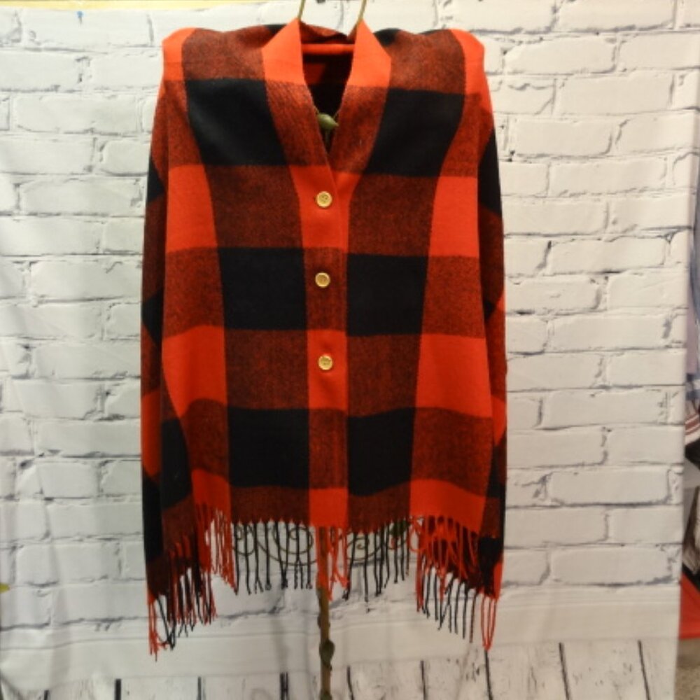 PS Red & Black Plaid Poncho with Buttons & Fringe, NWOT